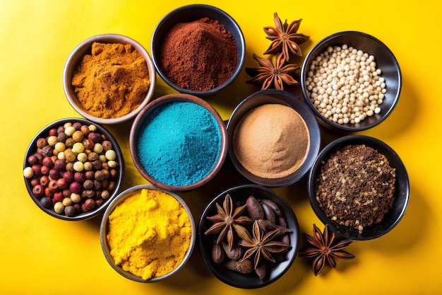 A variety of spices are displayed in wooden bowls on a table