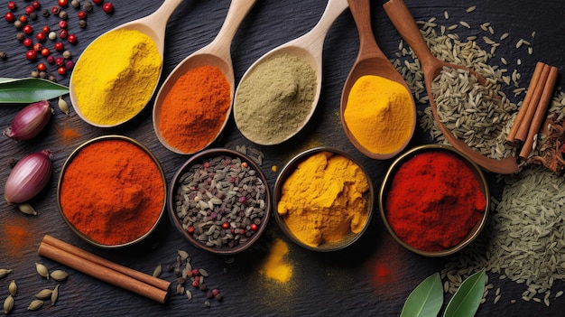 A variety of spices are on a table.