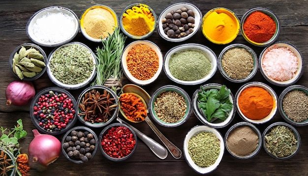 A variety of spices are on a table.