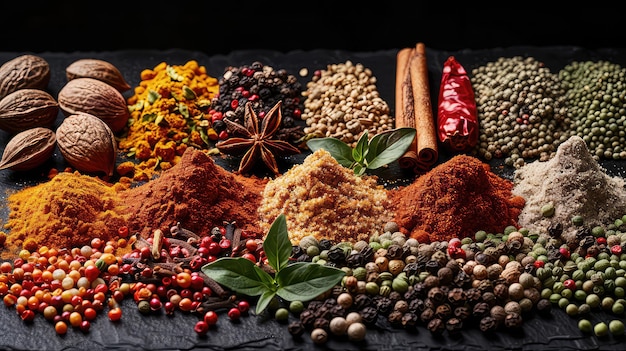 Variety of spices arranged on black background