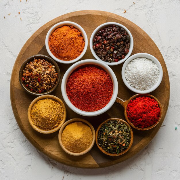 variety of spices arranged on wooden board