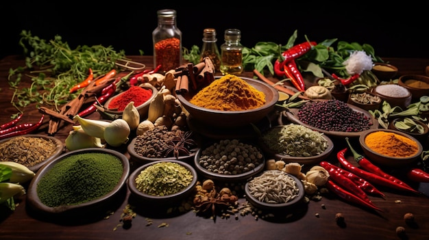 A variety of spices and herbs are arranged on a table