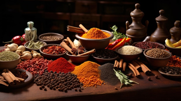 A variety of spices and herbs are arranged on a table