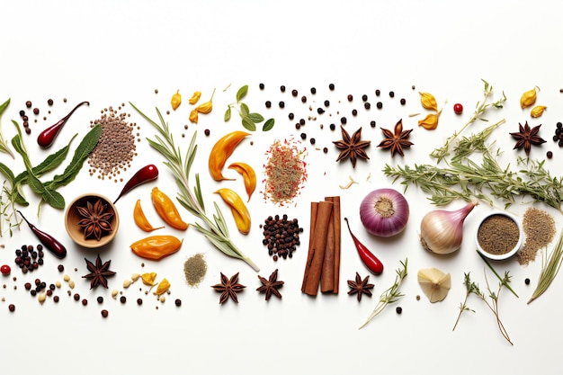 Photo variety of spices and herbs on white background for culinary inspiration