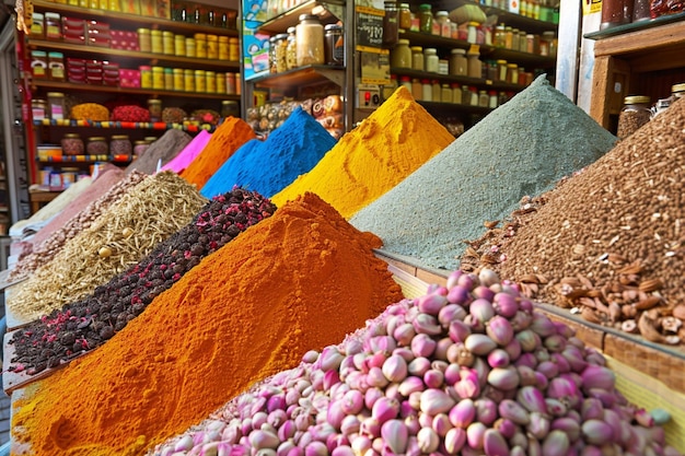 a variety of spices including one that is orange red and purple