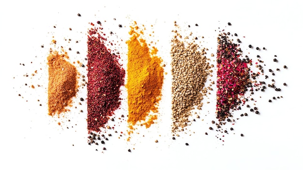 Photo a variety of spices lined up on a white background