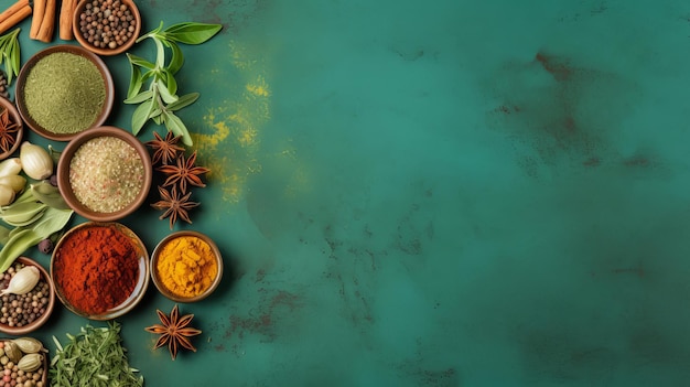 Variety of spices seasonings and herbs in bowls on emerald background Top view Banner with copy space Concept of cooking culinary arts seasoning and gourmet ingredients