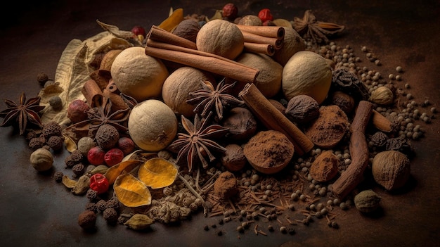 A variety of spices and spices are on a table.