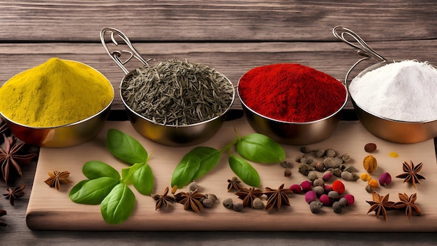 A variety of spices on a wooden board