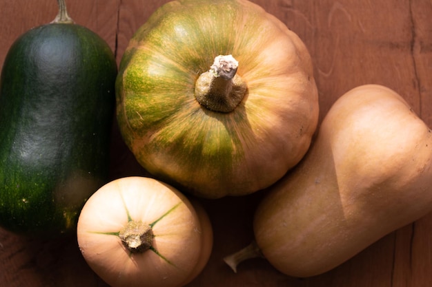 Variety of squashes on a table butternut pattypan pumpkin