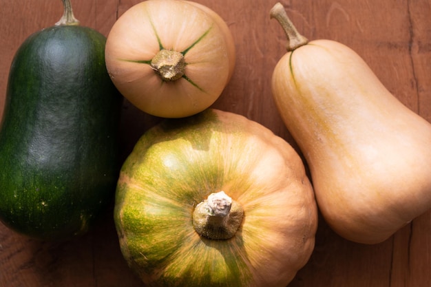 Variety of squashes on a table butternut pattypan pumpkin