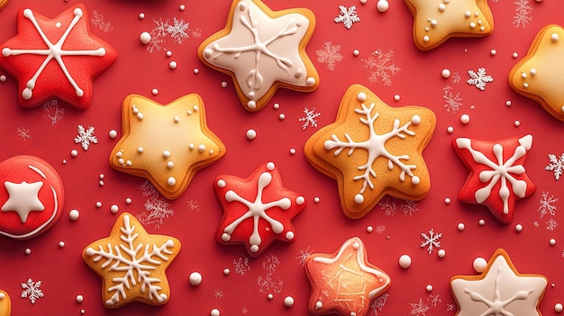 Photo variety of starshaped cookies on red holiday background