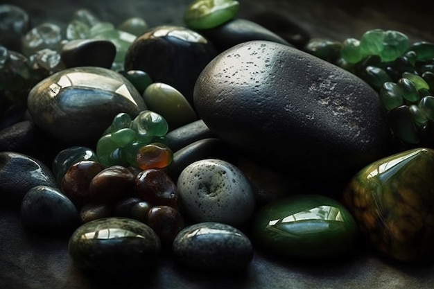 A variety of stones are arranged on a dark surface.