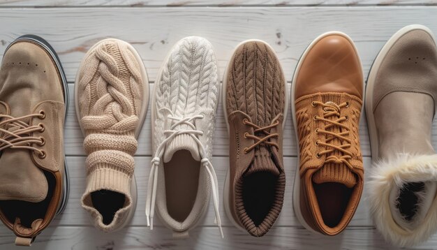 Photo a variety of stylish footwear lined up on a wooden floor for an autumn collection display