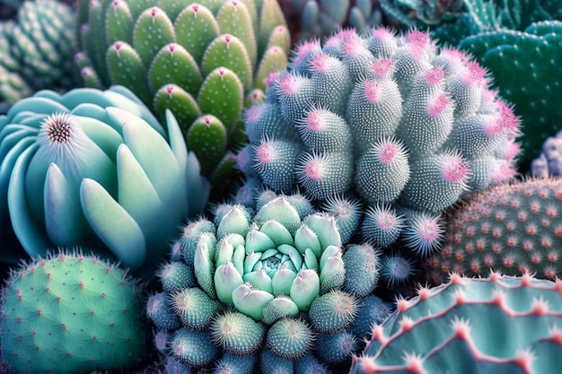 Variety of succulent plants succulent background Desert plants top view Collection of various cactus and succulents AI generated image