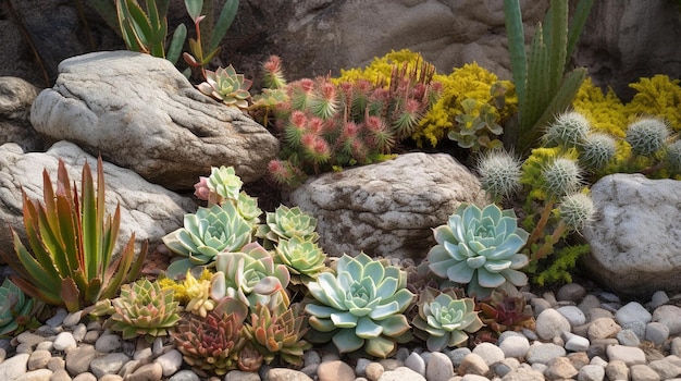 A variety of succulents are displayed in a garden.