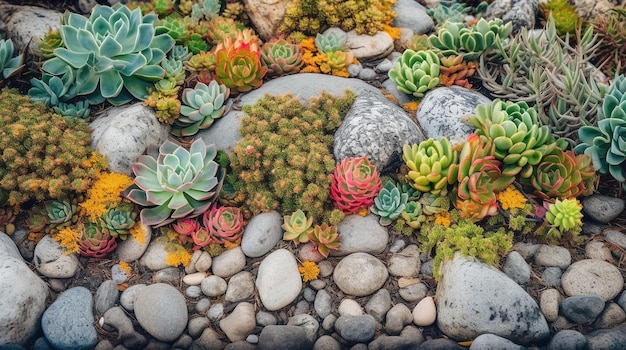 A variety of succulents are displayed in a garden.