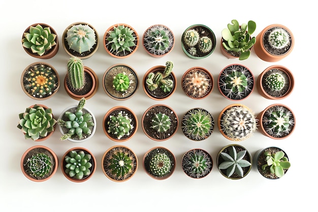 Variety of Succulents and Cacti in Pots on White Background