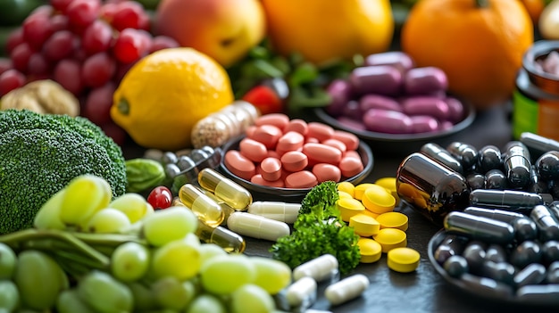 A variety of supplements and minerals displayed with fresh fruits and vegetables representing