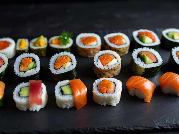 a variety of sushi are on a black mat