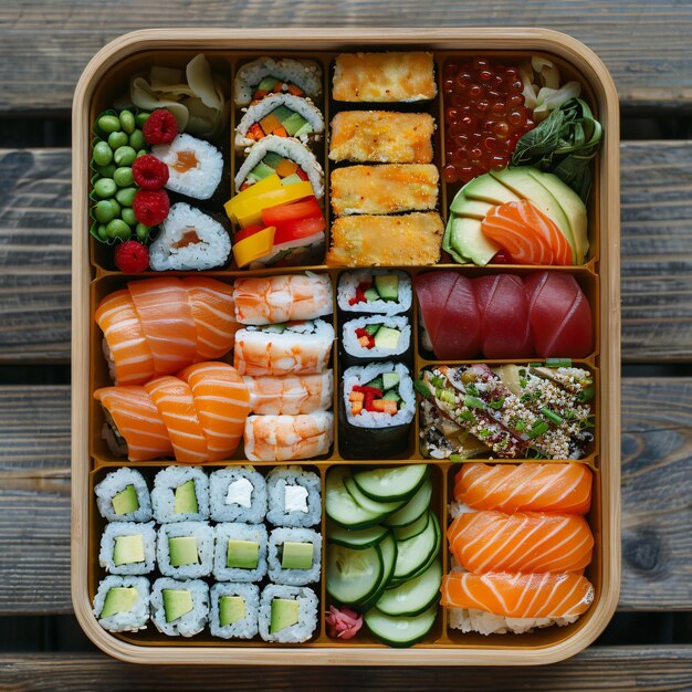 A variety of sushi neatly arranged in a wooden bento box showcasing the meticulousness