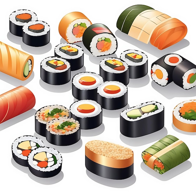 Photo a variety of sushi and sushi are shown in a picture