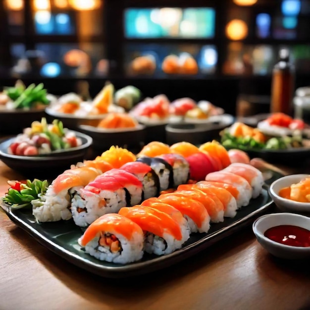 a variety of sushi on a tray with other sushi