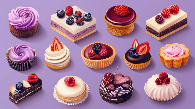 A variety of sweet pastries cupcakes and tarts on a purple background