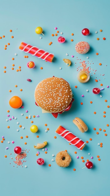 A variety of sweet treats including a burger donut and candy are scattered across a light blue background