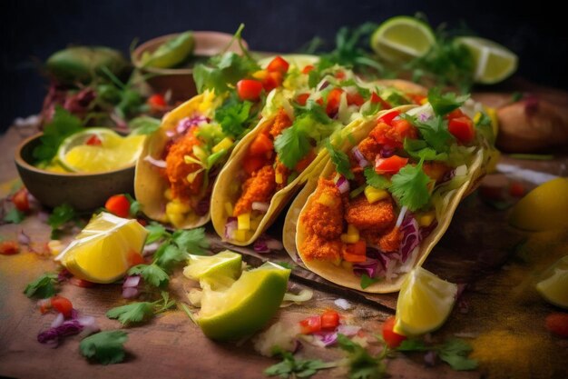 a variety of tacos are displayed on a table