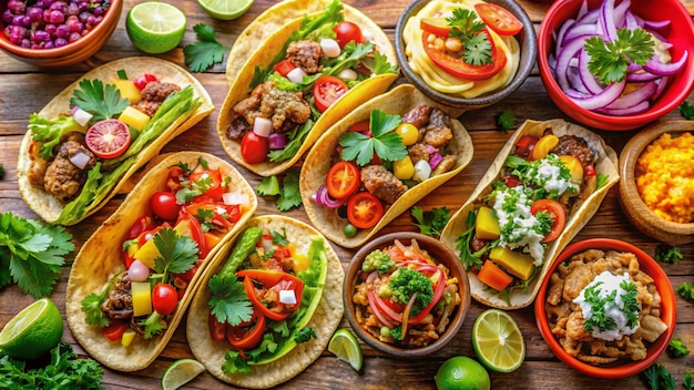 Photo a variety of tacos including tomatoes lettuce and tomatoes