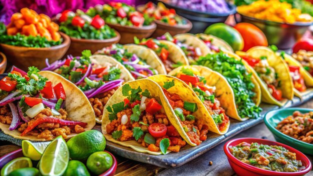 Photo a variety of tacos and tacos are displayed on a table