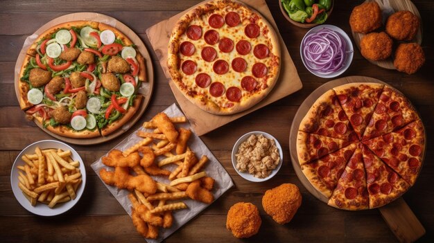 Variety of take out and fast foods Pizza hamburgers