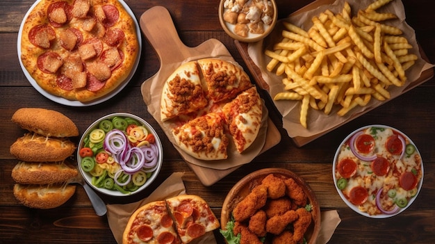 Variety of take out and fast foods Pizza hamburgers