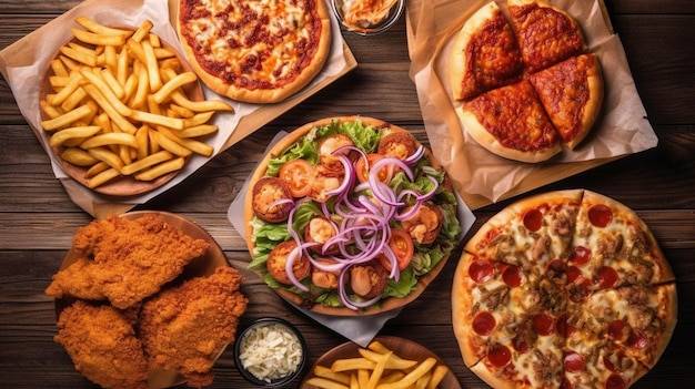 Variety of take out and fast foods Pizza hamburgers