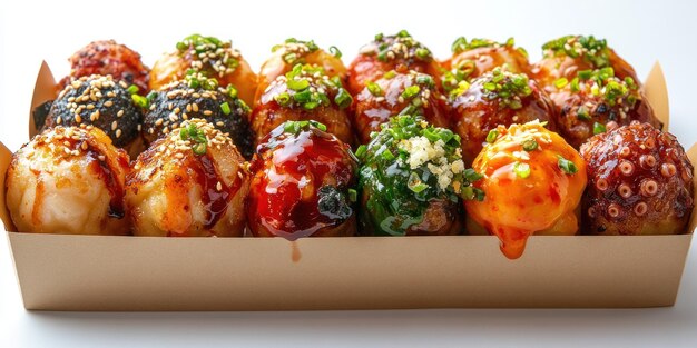 Variety of Takoyaki with Toppings in a Paper Box