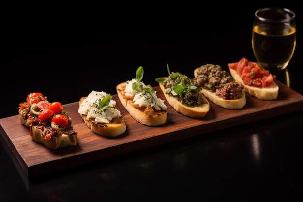 Photo a variety of tapas on a wooden board