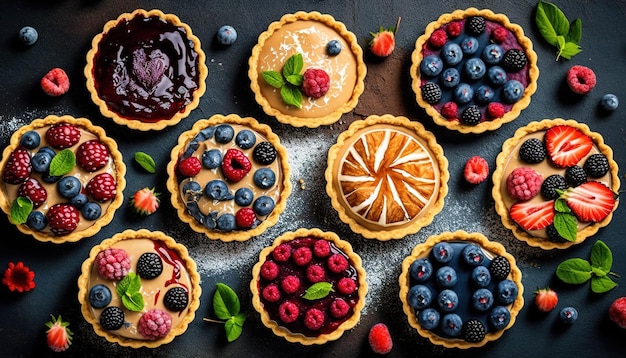 A variety of tarts are on a black background.