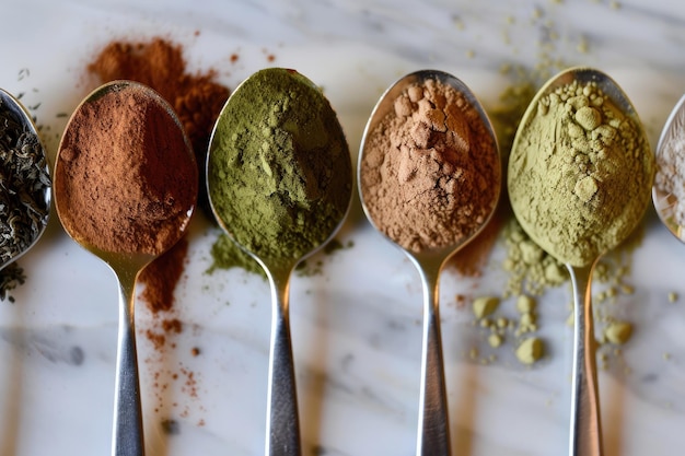 A variety of tea leaves and aromatic spices neatly presented on shiny silver spoons against a white background