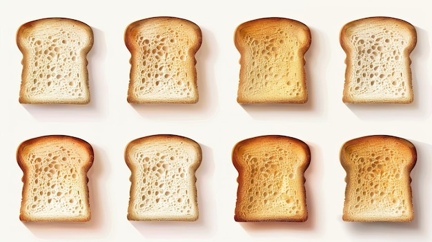 A variety of toasted bread slices are presented demonstrating varying levels of browning and crispiness