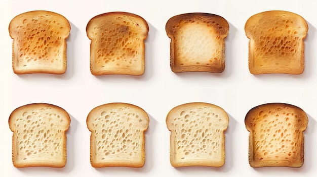 A variety of toasted bread slices are presented demonstrating varying levels of browning and crispiness