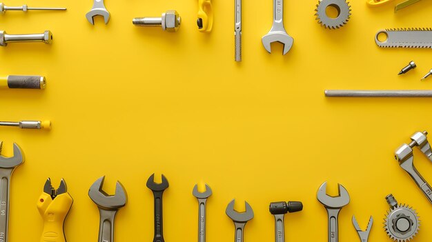 A variety of tools laid out in a frame around a yellow background