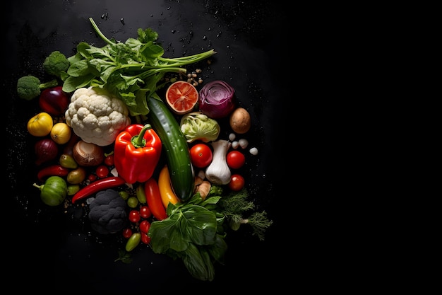 Photo variety top view of fresh organic vegetables black background with copy space healthy food concept