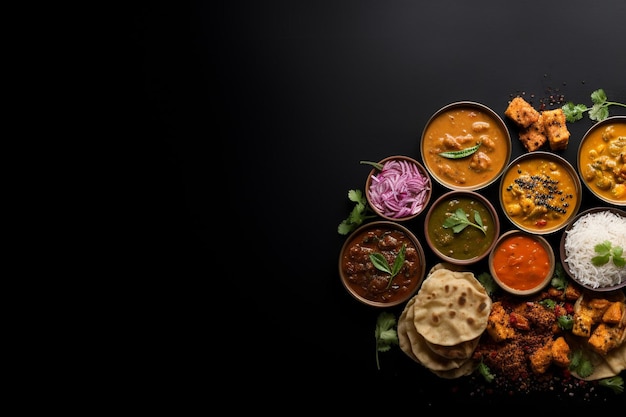 Variety traditional indian dishes on the wooden table selection of assorted spicy food top view