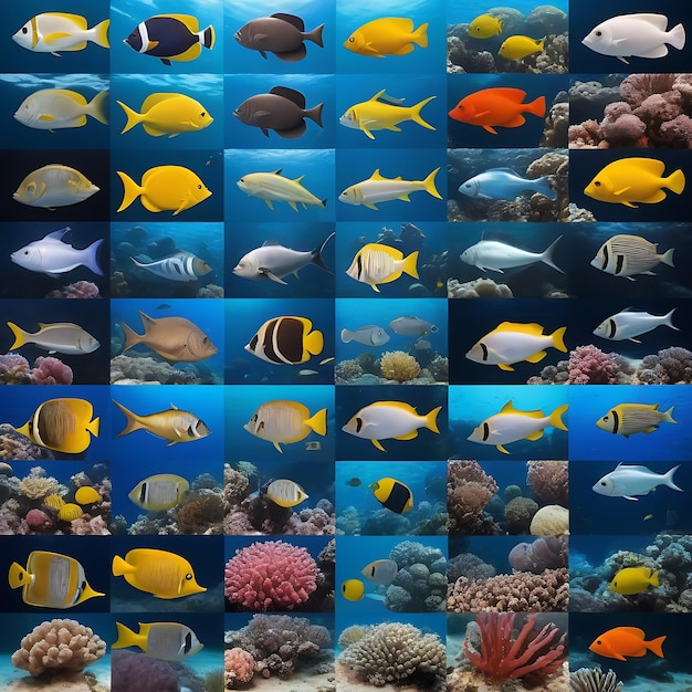 a variety of tropical fish and corals are displayed