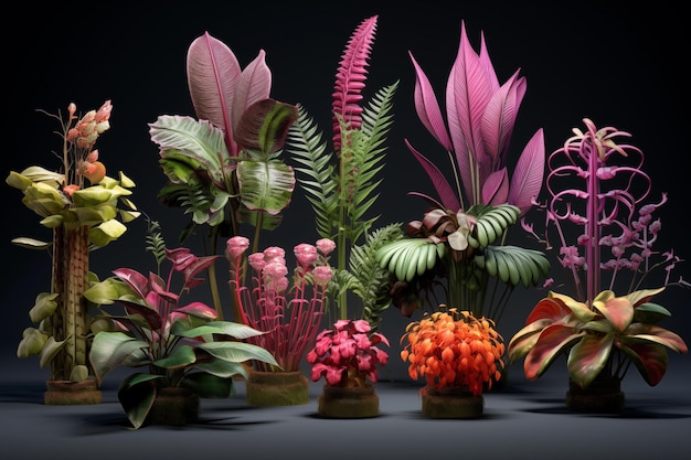 Variety of tropical plants in pots on a dark background Hyper realistic illustration