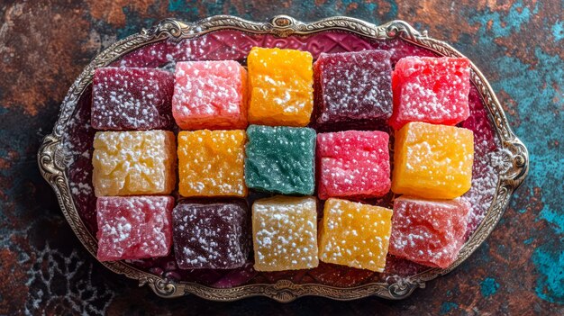 Variety of Turkish delight Rahat Lokum neatly arranged on an ornate plate Vivid colors powdered sugar Top view Delicious oriental sweets