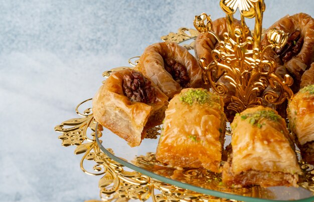 Variety of turkish desserts served on cake stand