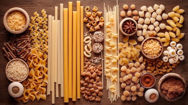 Variety of types and shapes of Italian pasta