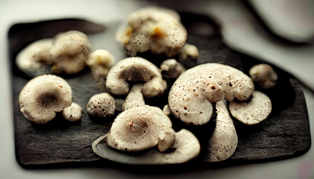 Variety of uncooked wild forest mushrooms in a wicker basket on a black background Generative Ai